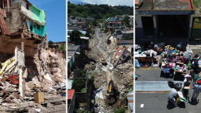 Varias casa han colapsado debido a la crecida del río Pinula en San Miguel Petapa. (Foto Prensa Libre: Carlos Hernández Ovalle) 