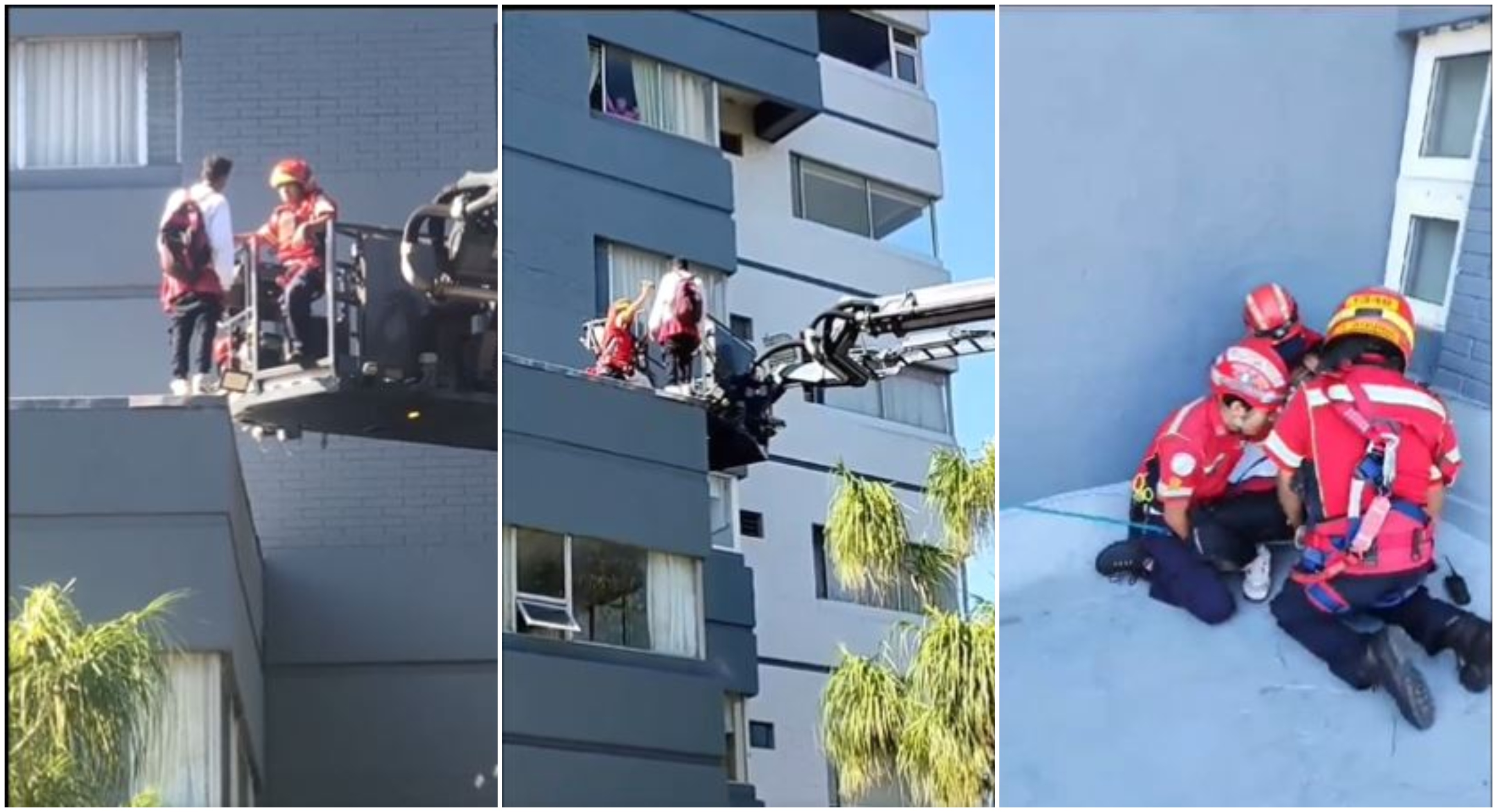 El salvadoreño Víctor Manuel Torres, de 25 años, fue rescatado por Bomberos Municipales en su intento por suicidarse en un edificio de la zona 13 capitalina. (Foto Prensa Libre: captura de pantalla CBM).