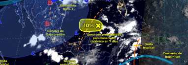 El Servicio Meteorológico Nacional de México mantiene vigilancia de una zona de baja presión con 10% de probabilidad de desarrollo ciclónico en 48 horas.(Foto Prensa Libre: SMN de México)