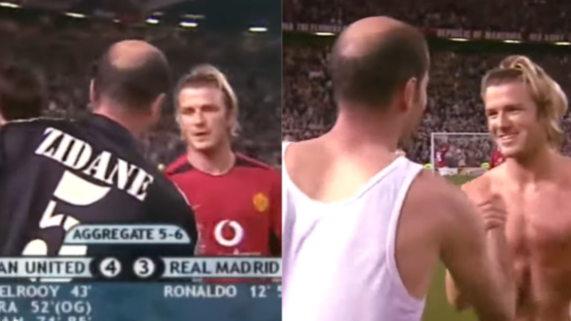 Los ex futbolistas, Zinedine Zidane y David Beckham, en un enfrentamiento de Champions League entre el Real Madrid y el Manchester United en el año 2003. (Foto Prensa Libre: Captura de Pantalla)