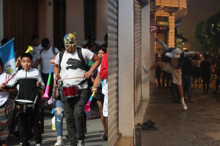 En las protestas se ha evidenciado hombres mujeres y niños que se manifiestan de forma pacífica, pero también a vándalos que causan daños a la propiedad privada. (Foto : Prensa Libre)