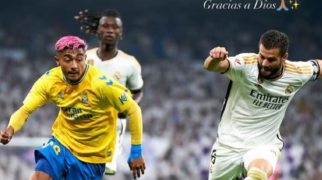 El jugador mexicano de la UD Las Palmas, Julián Araujo, disputa un balón con el defensa del Real Madrid, Nacho Fernández. (Foto Prensa Libre: Julián Araujo/Instagram)