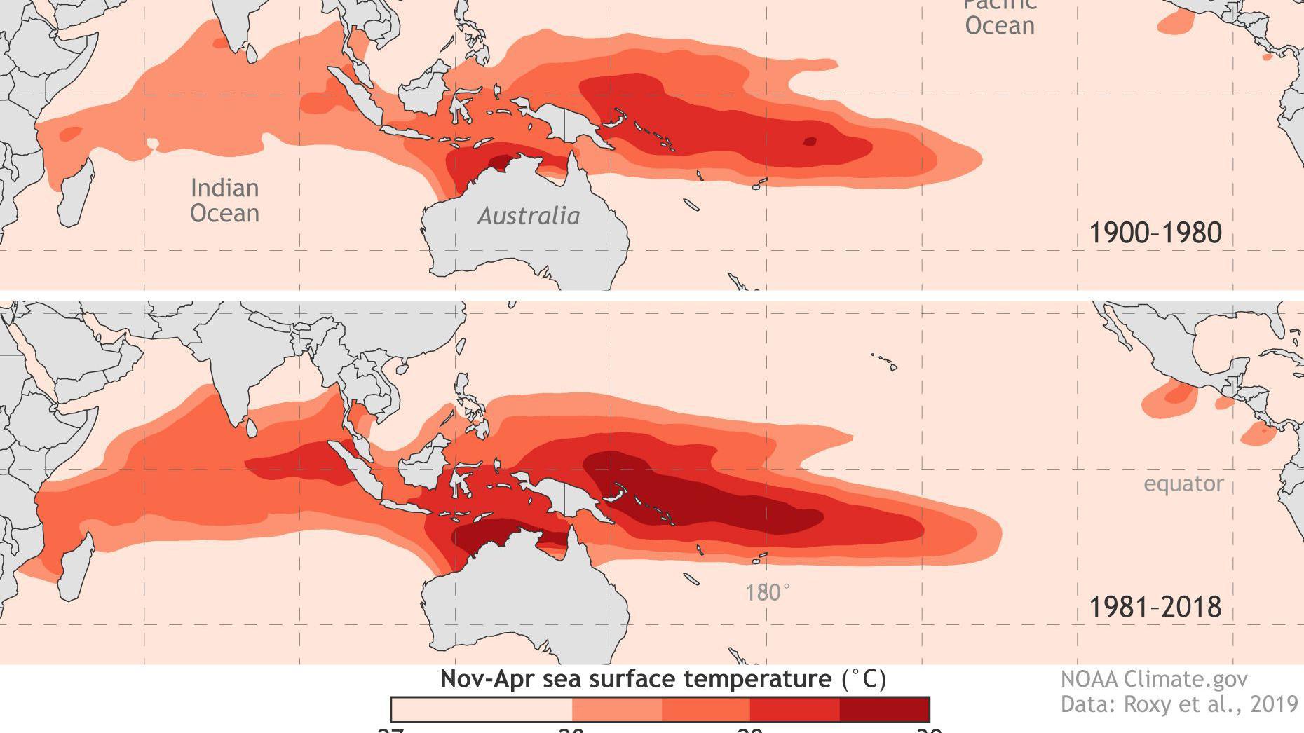 Mapa que muestra la expansión de la Piscina cálida del Pacífico a través de los años. (NOAA)