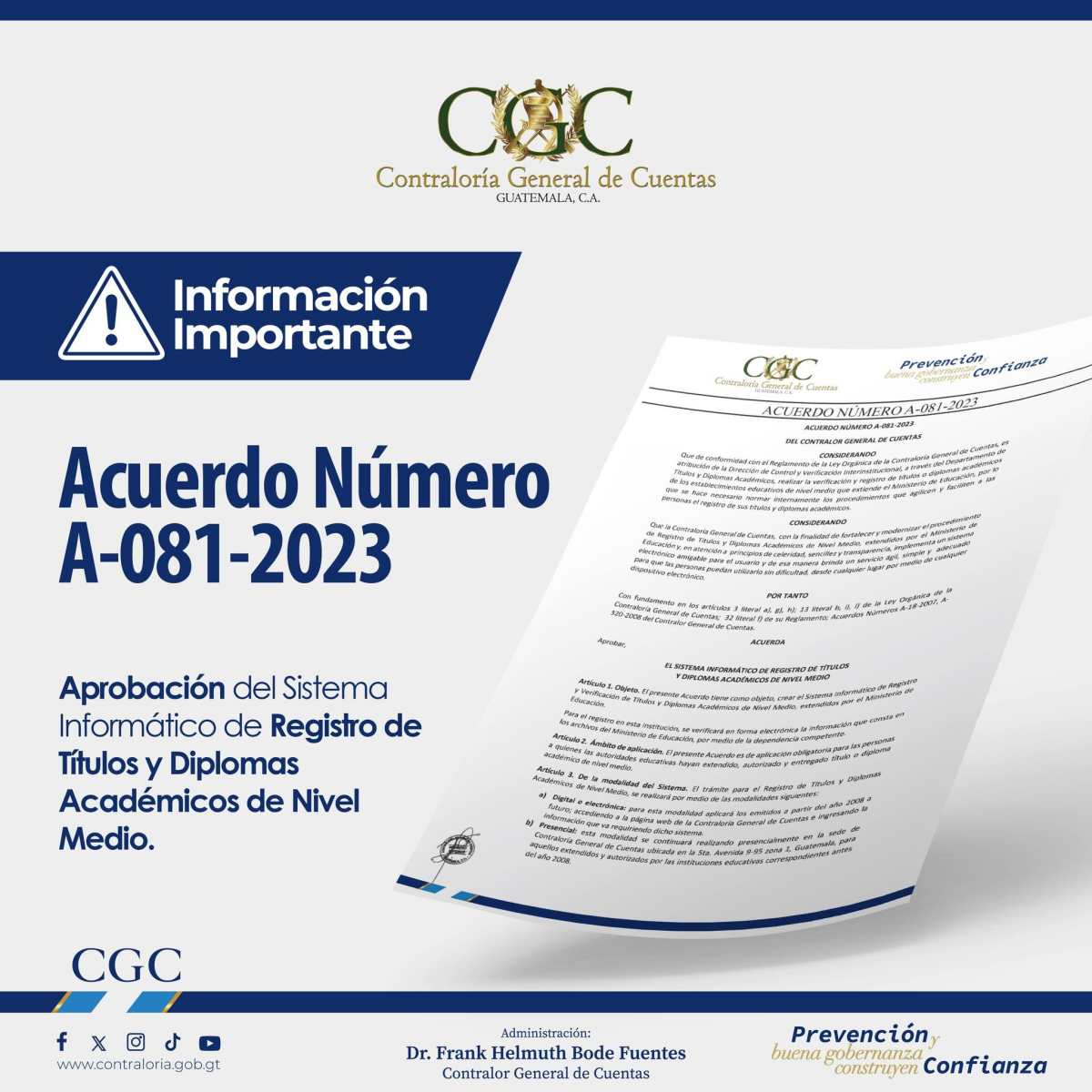 La Contraloría General de Cuentas publicó un nuevo acuerdo que fija nuevos precios y modalidades para registrar los títulos académicos de los guatemaltecos. (Foto Prensa Libre: CGC).