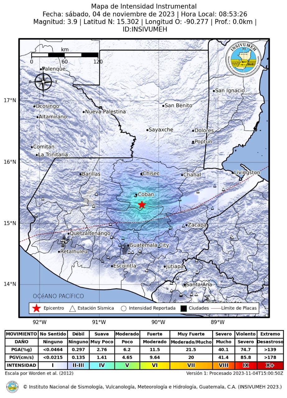 Un temblor de magnitud 3.9 se registró este 4 de noviembre en Alta Verapaz. (Foto Prensa Libre: Insivumeh)