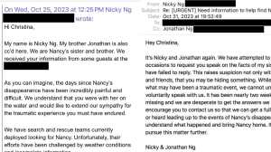 Los correo enviados a Blake de la familia de Nancy Ng. (Foto Prensa Libre: GoFundMe de la familia de Nancy Ng)