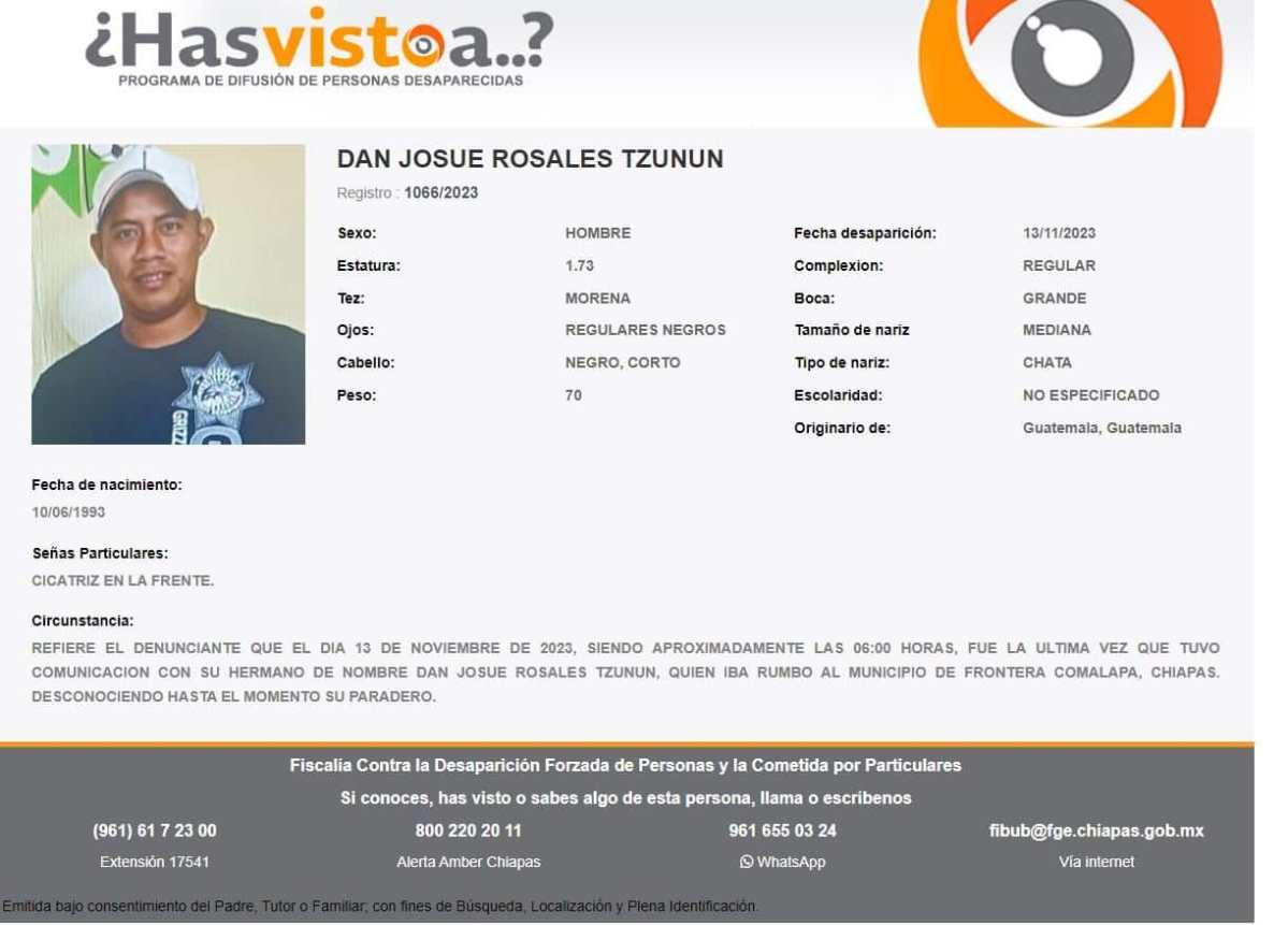 En México por el único que hasta ahora han alertado sobre su desaparición es Dan Josué Rosales Tzunún, de 30 años. En Guatemala, ya activaron Alerta Alba Keneth por el menor, Luis Alberto Vasquez Sarat, de 17. (Foto Prensa Libre: FGR).
