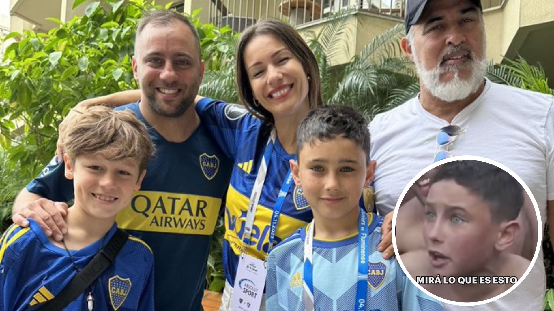 La modelo argentina, Pampita, junto a su familia y al pequeño aficionado de Boca Juniors, Benjamín y su papá, camino al Maracaná. (Foto Prensa Libre: Pampita/twitter)