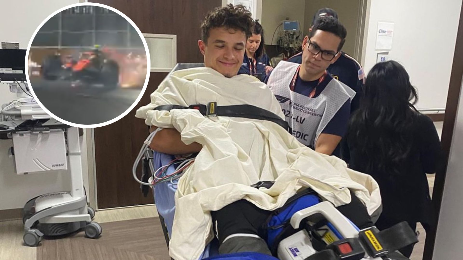 El piloto inglés, Lando Norris, al momento de ingresar al hospital tras su accidente en Las Vegas. (Foto Prensa Libre: Instagram)