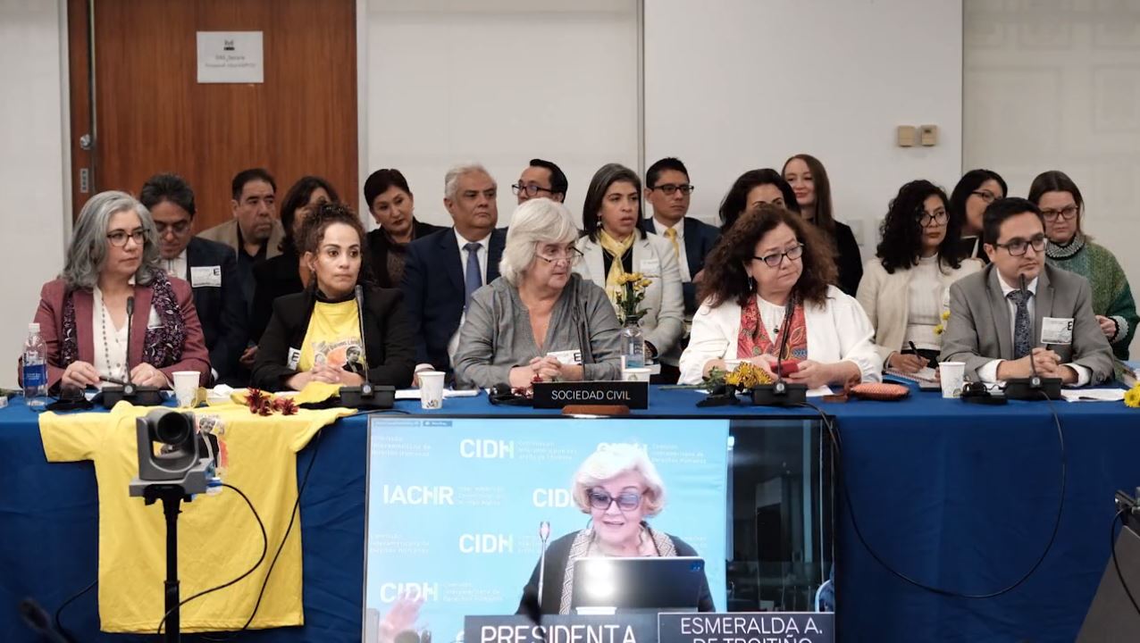 Algunos de los exoperadores de justicia exiliados e integrantes de la sociedad civil de Guatemala durante audiencia en la CIDH. (Foto Prensa Libre: Captura de pantalla de video de @CIDH) 