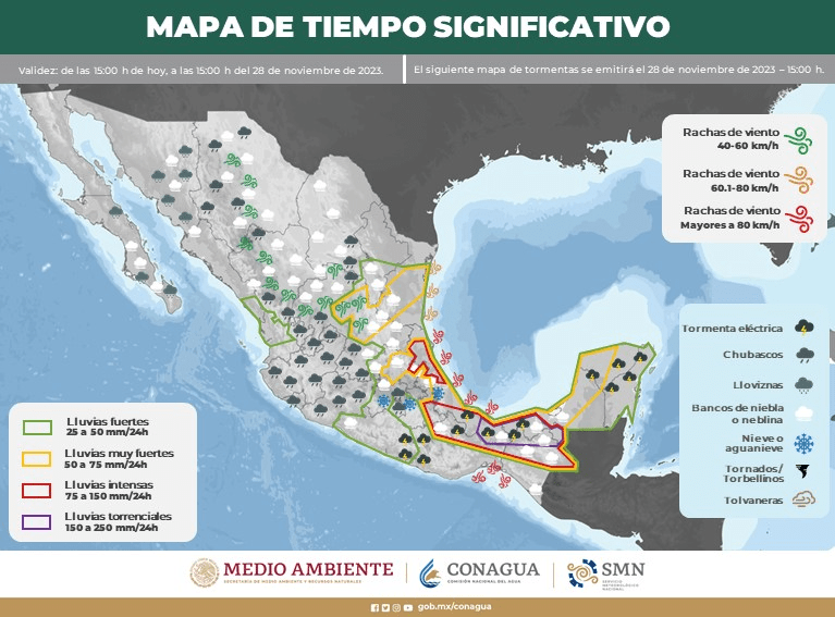 Mapa de México sobre lluvias el 27 de noviembre (Mapa: Conagua).