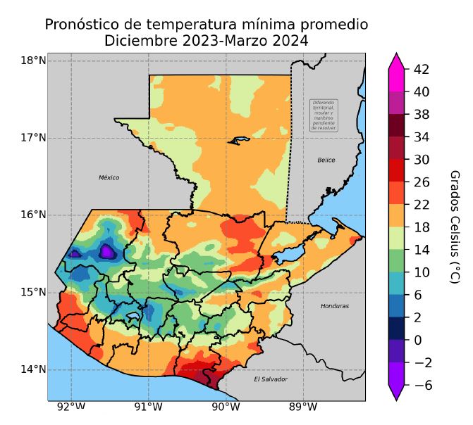 mapa pronostico temperaturas minimas guatemala 2023