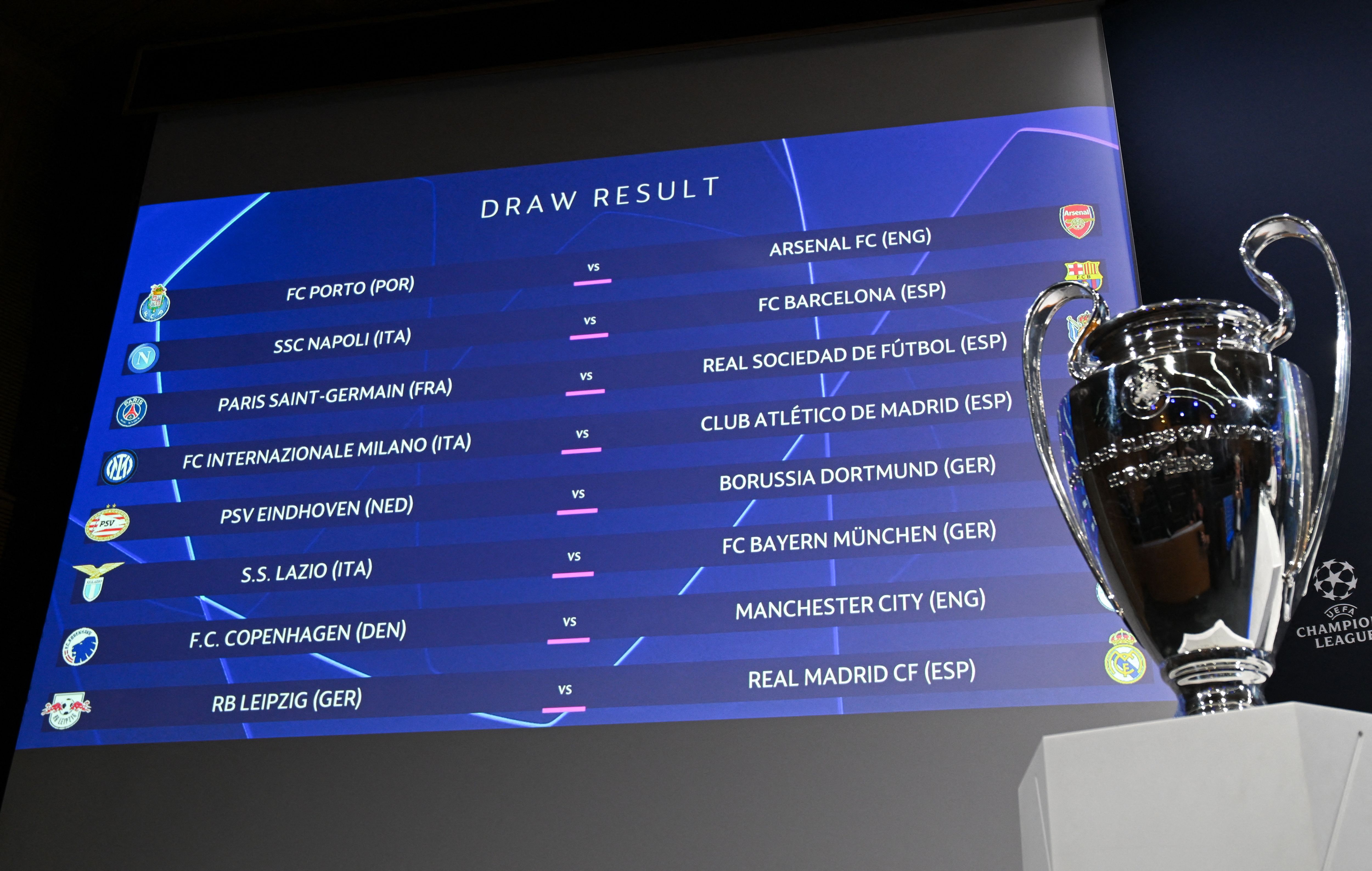 Los resultados del sorteo de  emparejamientos de la UEFA Champions League en Nyon, Suiza, este 18 de diciembre de 2023. (Foto Prensa Libre: AFP)