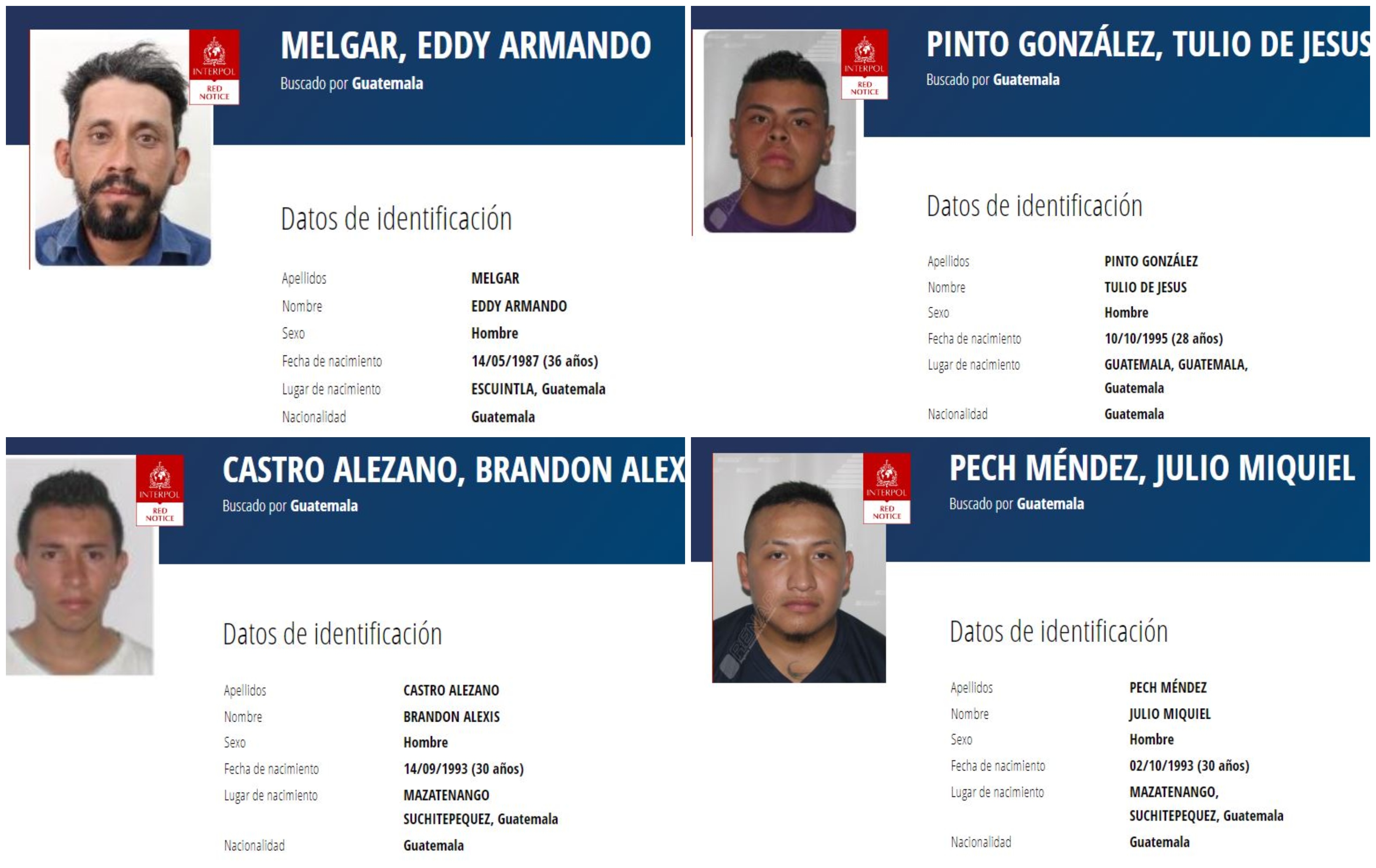 Estos son cuatro de los once guatemaltecos con alerta roja activa en Interpol. Los buscan por cometer delitos sexuales y contra la vida, entre otros. (Foto Prensa Libre: Interpol).