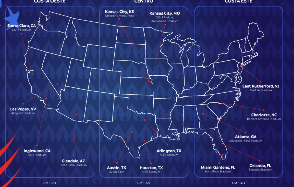 Mapa con la distribución de los estadios donde de jugarán los partidos de la Copa América USA 2024. Foto Prensa Libre (twitter: @CopaAmerica)
