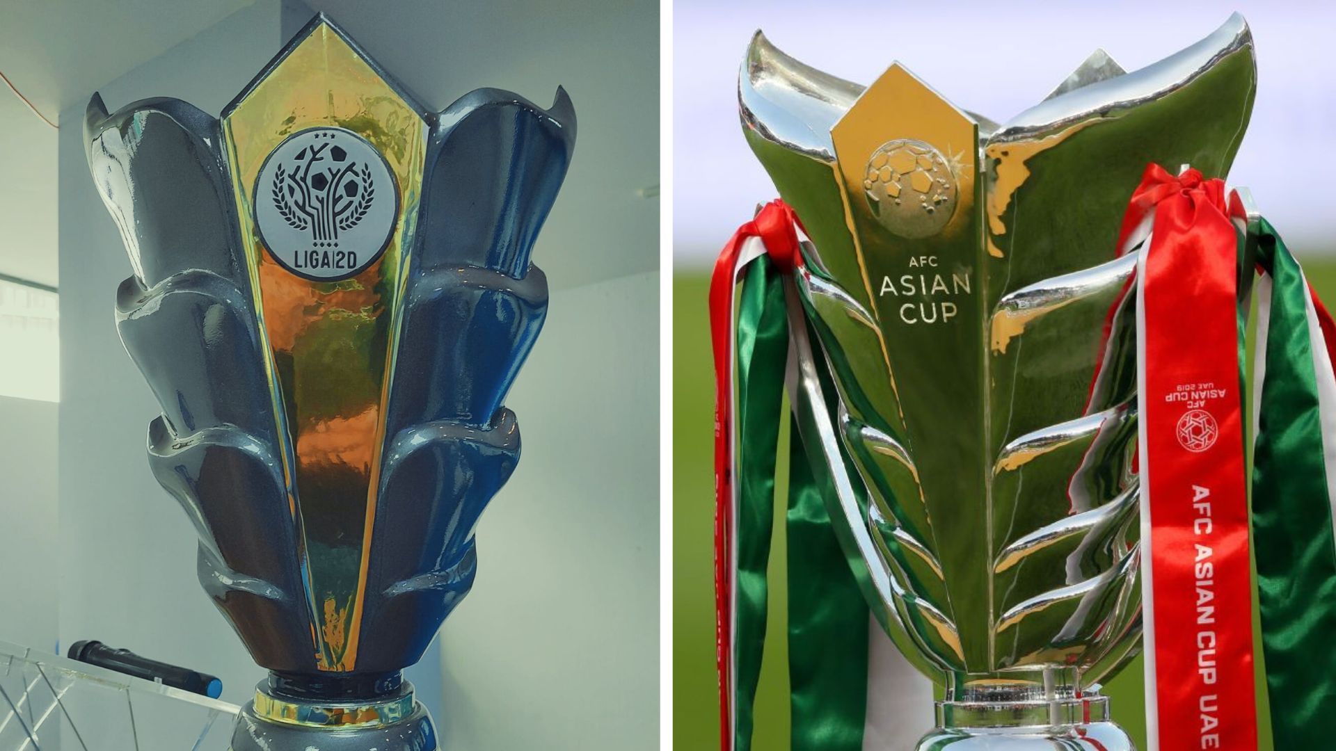 El trofeo de la Segunda División al lado del que se le presenta al campeón de la Confederación Asiática de futbol en su torneo de naciones. (Foto Prensa Libre: RRSS)