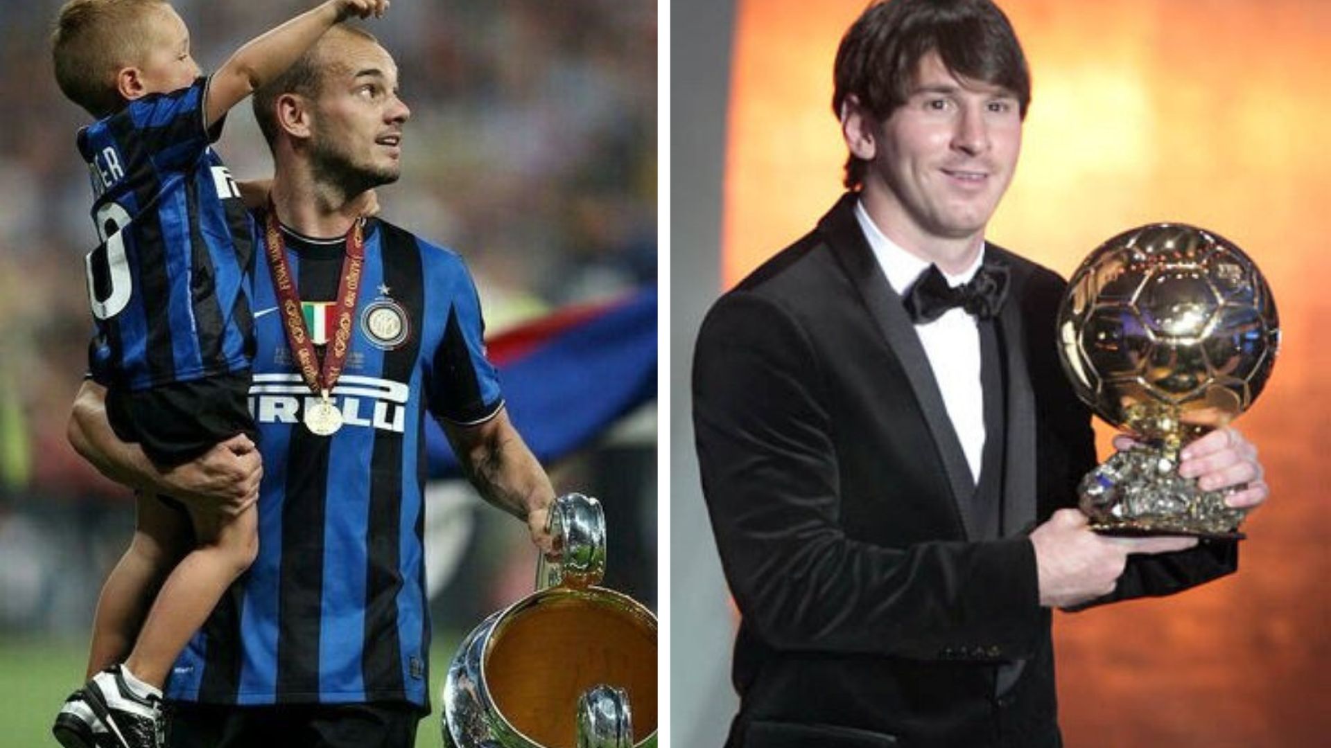 El exjugador del Inter Milán, Wesley Sneijder, cuando ganó la Champions League ante el FC Bayern en el Santiago Bernabéu. Y Lionel Messi, en la gala del Balón de Oro en 2011. (Foto Prensa Libre: RRSS)