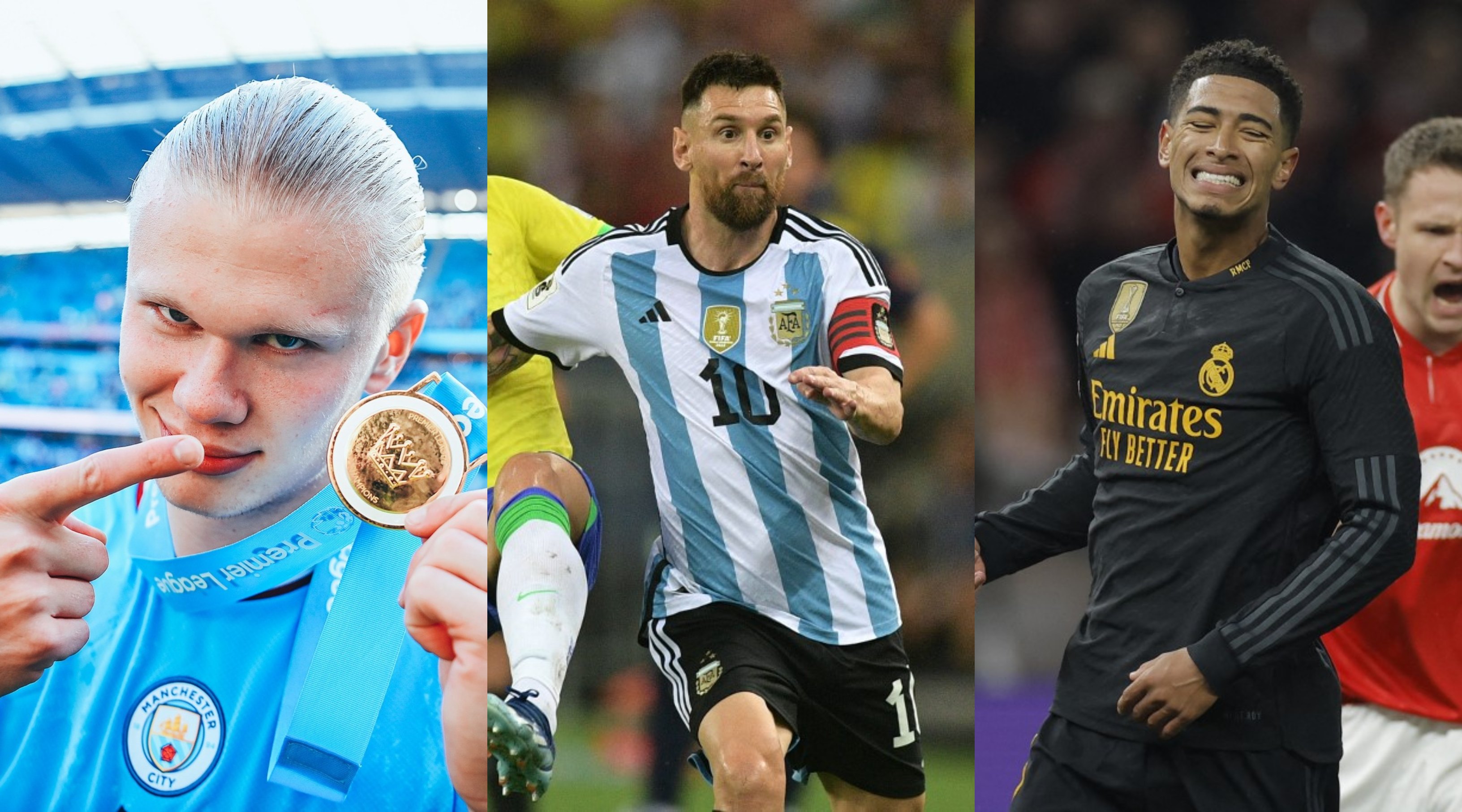 Erling Haaland, Lionel Messi y Jude Bellingham figuran entre los mejores futbolistas del mundo. Foto Prensa Libre (Manchester City y AFP)