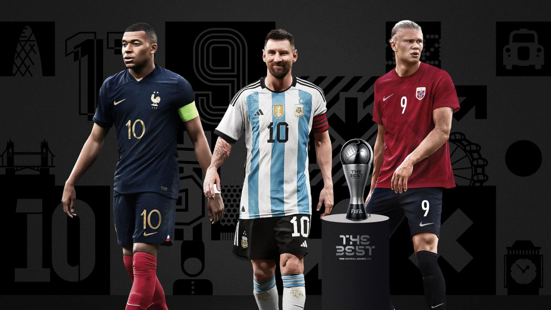 Kylian Mbappé, Lionel Messi y Erling Haaland son los tres contendientes para el premio The Best 2024. (Foto Prensa Libre: FIFA.com)