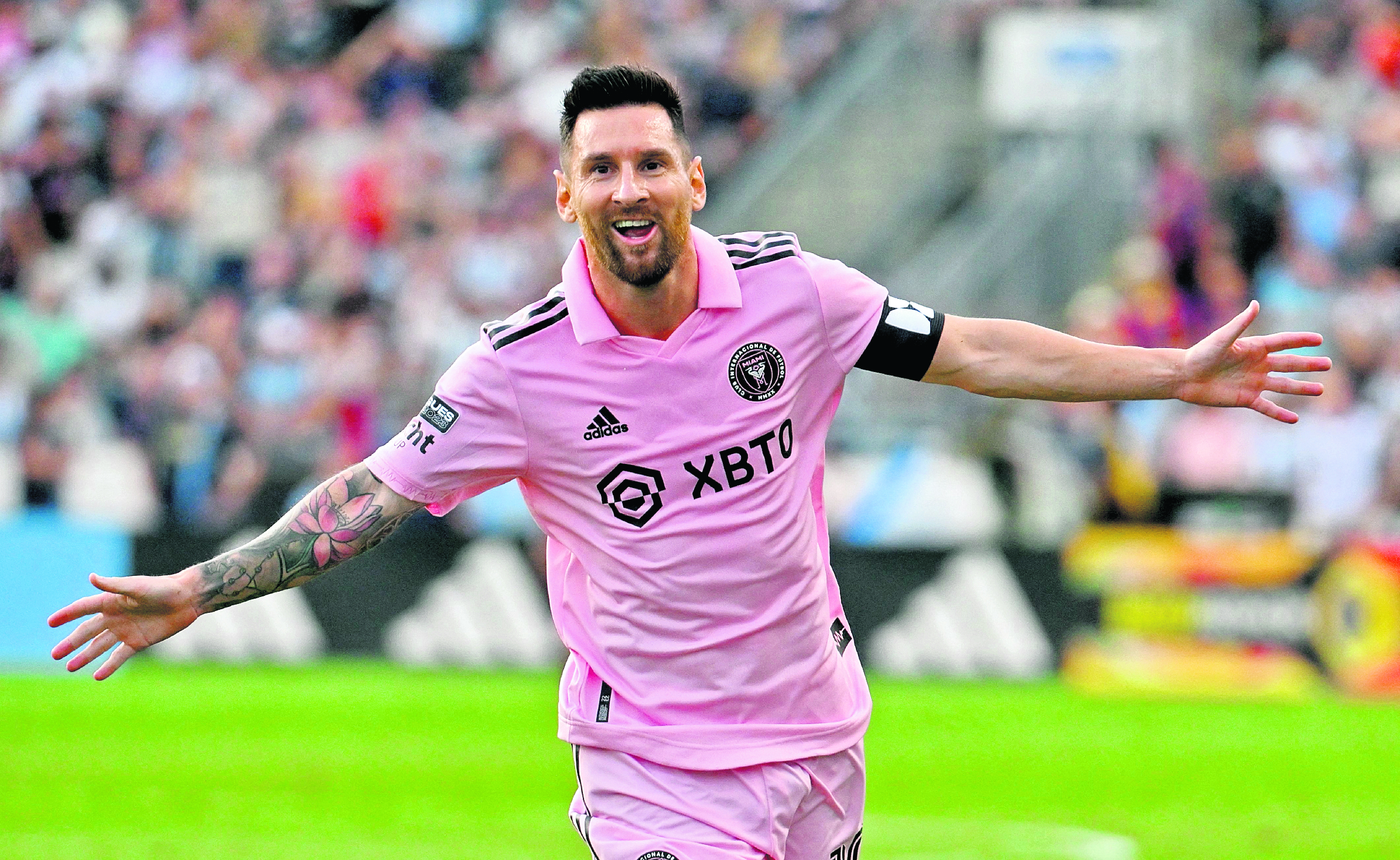 Inter Miami's Argentine forward #10 Lionel Messi celebrates scoring during the CONCACAF Leagues Cup semifinal football match between Inter Miami and Philadelphia Union at Subaru Park Stadium in Chester, Pennsylvania, on August 15, 2023. (Photo by ANGELA WEISS / AFP)
