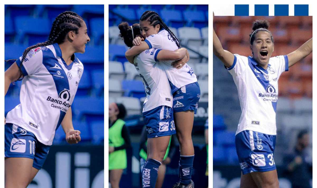 Savianna Gómez y Aisha Solórzano celebra los goles de la victoria del Puebla Femenil frente a León. (Foto Facebook Club Puebla).