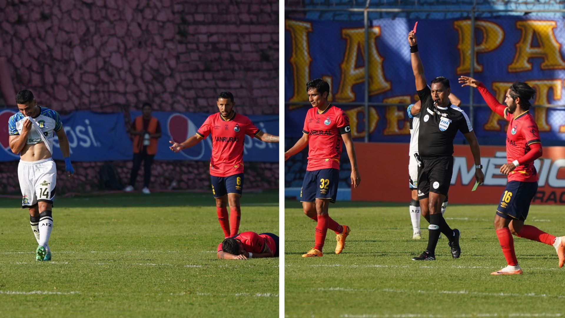 El momento exacto en el que el jugador de Deportivo Mixco, Darwin Lom, recibió su segunda amarilla del encuentro tras darle con la mano en el rostro del futbolista de Municipal, Darwin Torres. (Foto Prensa Libre: Andrés ADF)