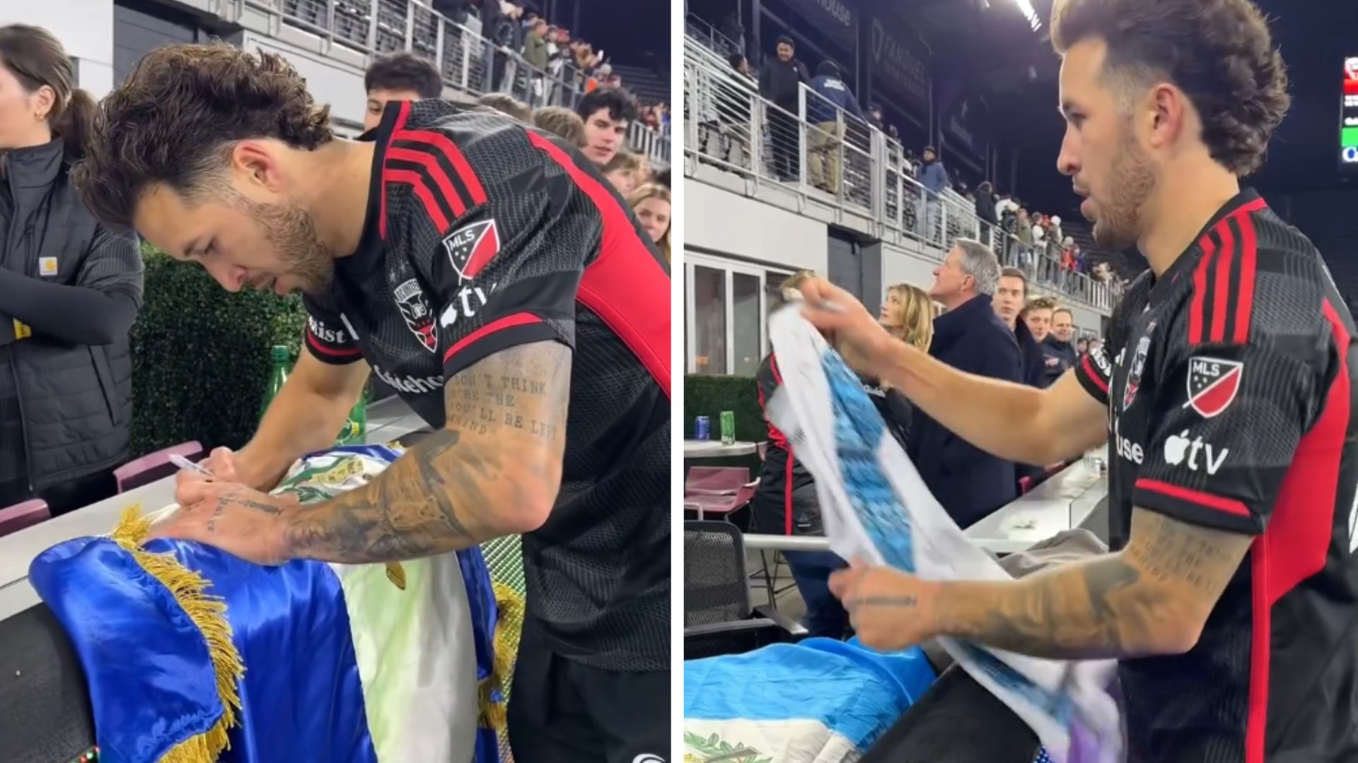 El defensa del DC United, Aaron Herrera, firmando autógrafos para aficionados guatemaltecos en el Audi Field de Washignton. (Foto Prensa Libre: DCUnited/Facebook)