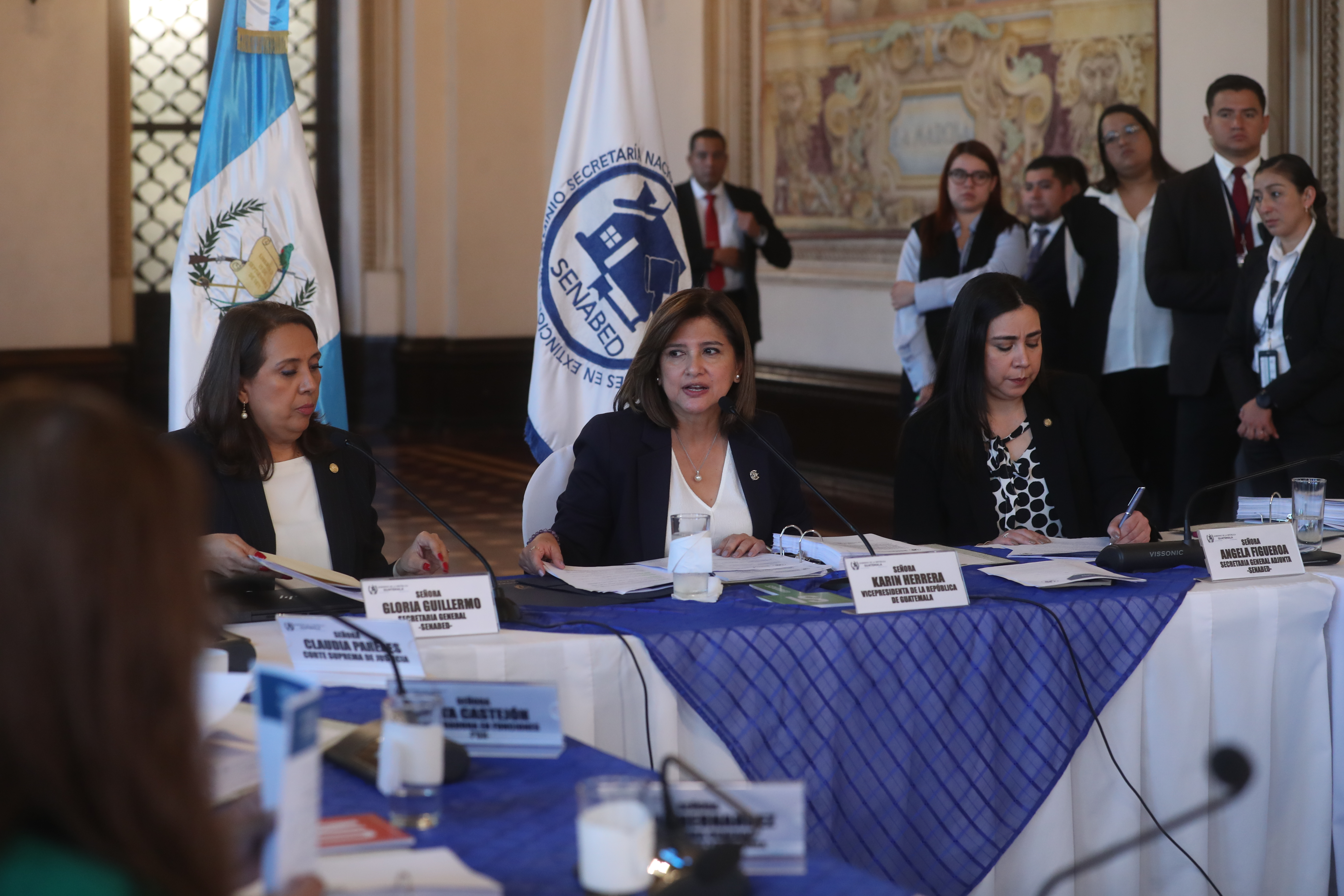 Gloria Guillermo, CONABED, Karin Herrera, vice presidenta, Angela Figueroa, y Consuelo Porras, fiscal general del MP participan en la reunin de Consejo Nacional de Administracin bienes en extincin  de dominio, 

Fotografa Erick Avila                   27/02/2024