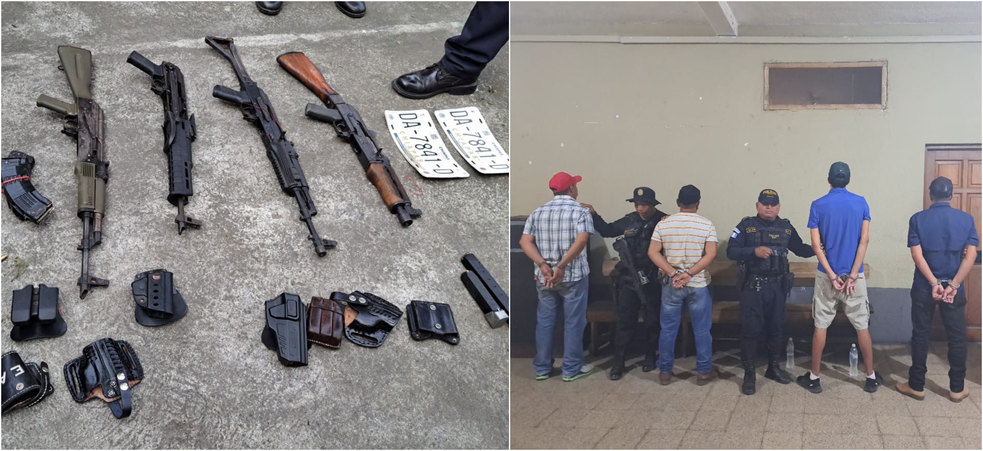 Estos son los fusiles y las placas de circulación de Chiapas que llevaban los cuatro guatemaltecos capturado el 29 de enero pasado en Cuyutenango, Suchitepéquez. (Foto Prensa Libre: PNC).