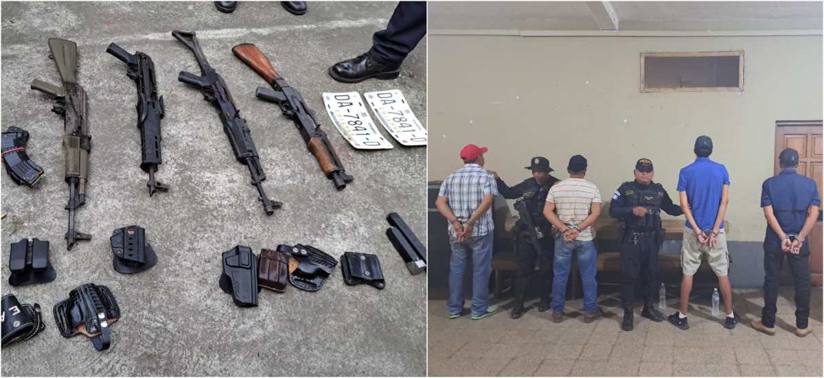 Estos son los fusiles y las placas de circulación de Chiapas que llevaban los cuatro guatemaltecos capturado el 29 de enero pasado en Cuyutenango, Suchitepéquez. (Foto Prensa Libre: PNC).