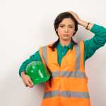 Upset female engineer scratching her head and holding a helmet on white background