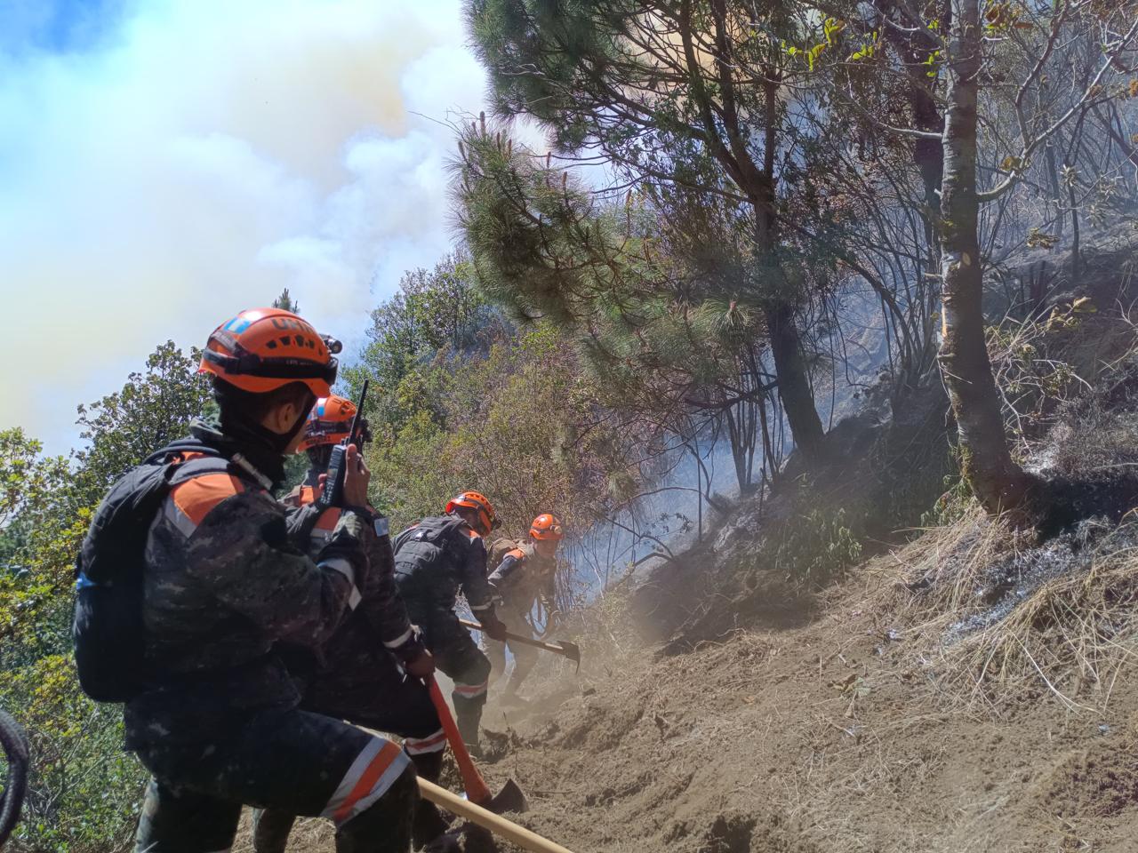 Bomberos forestales trabajan en la zona donde ocurren los incendios en el Volcán de Agua. (Foto Prensa Libre: Ejército de Guatemala)