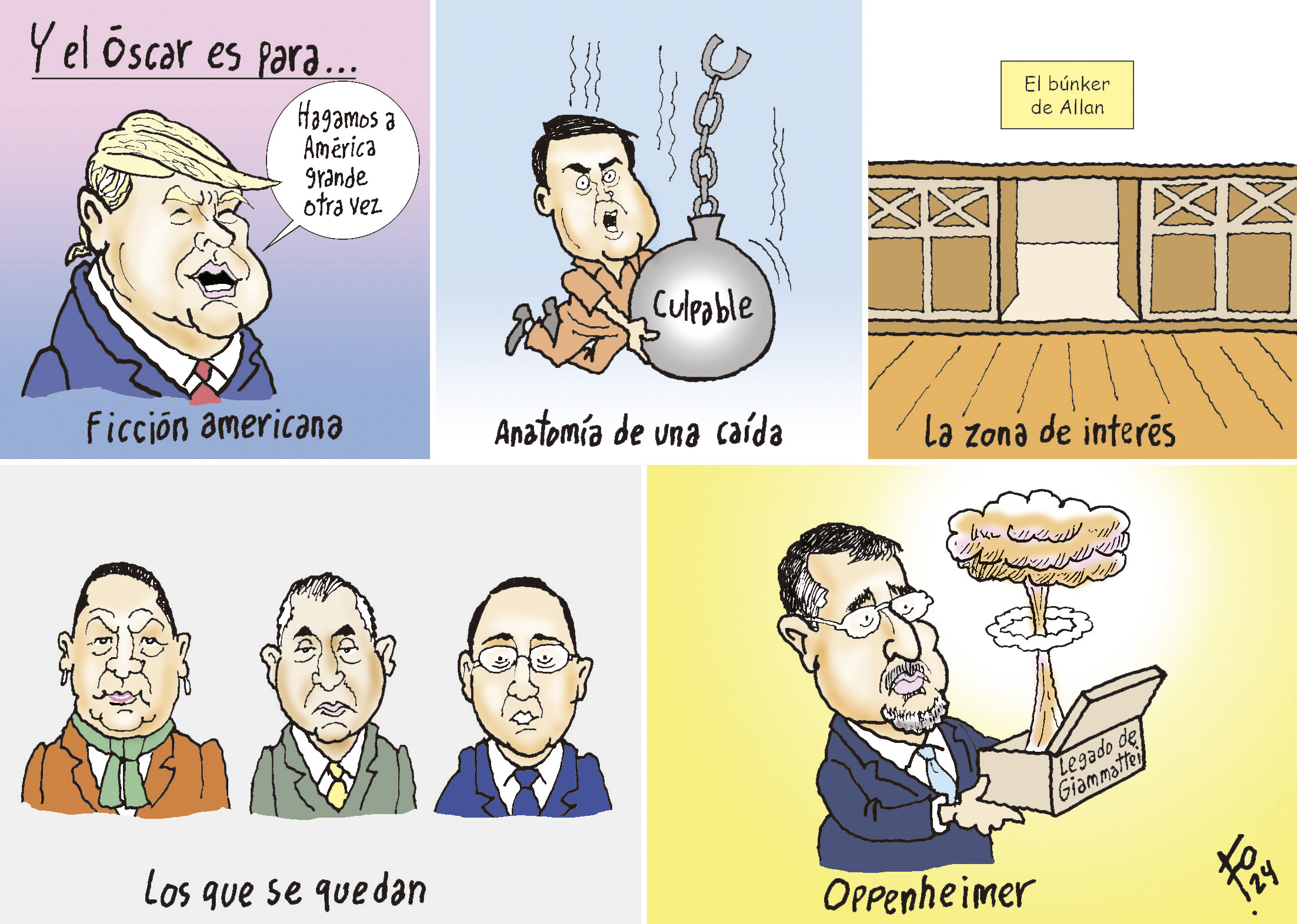 Personajes: Donald Trump, Orlando Hernández, Consuelo Porras, Rafael Curruchiche, Ángel Pineda y Bernardo Arévalo.