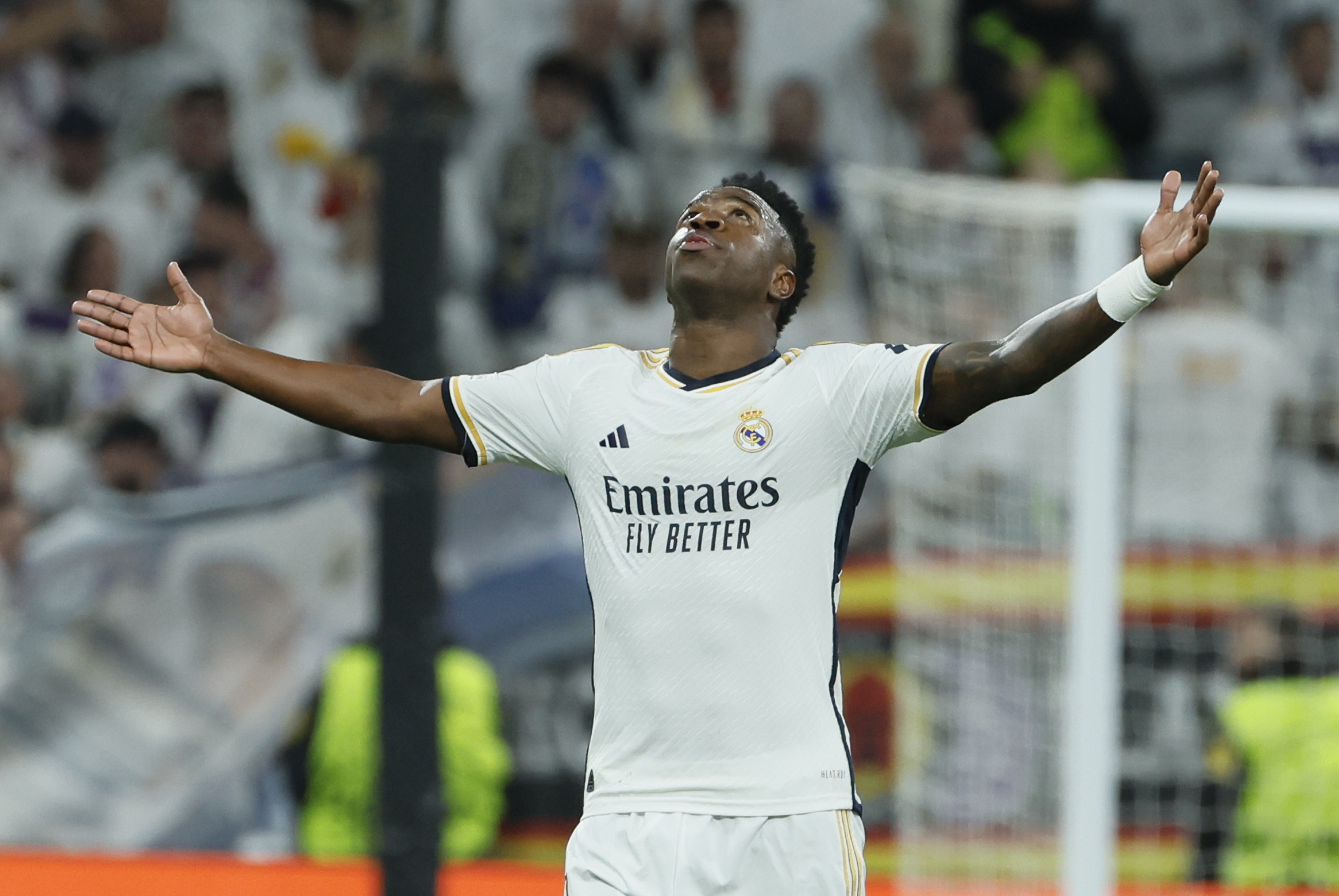 El delantero del Real Madrid Vinícius Jr. celebra el gol conseguido ante el RB Leipzig.