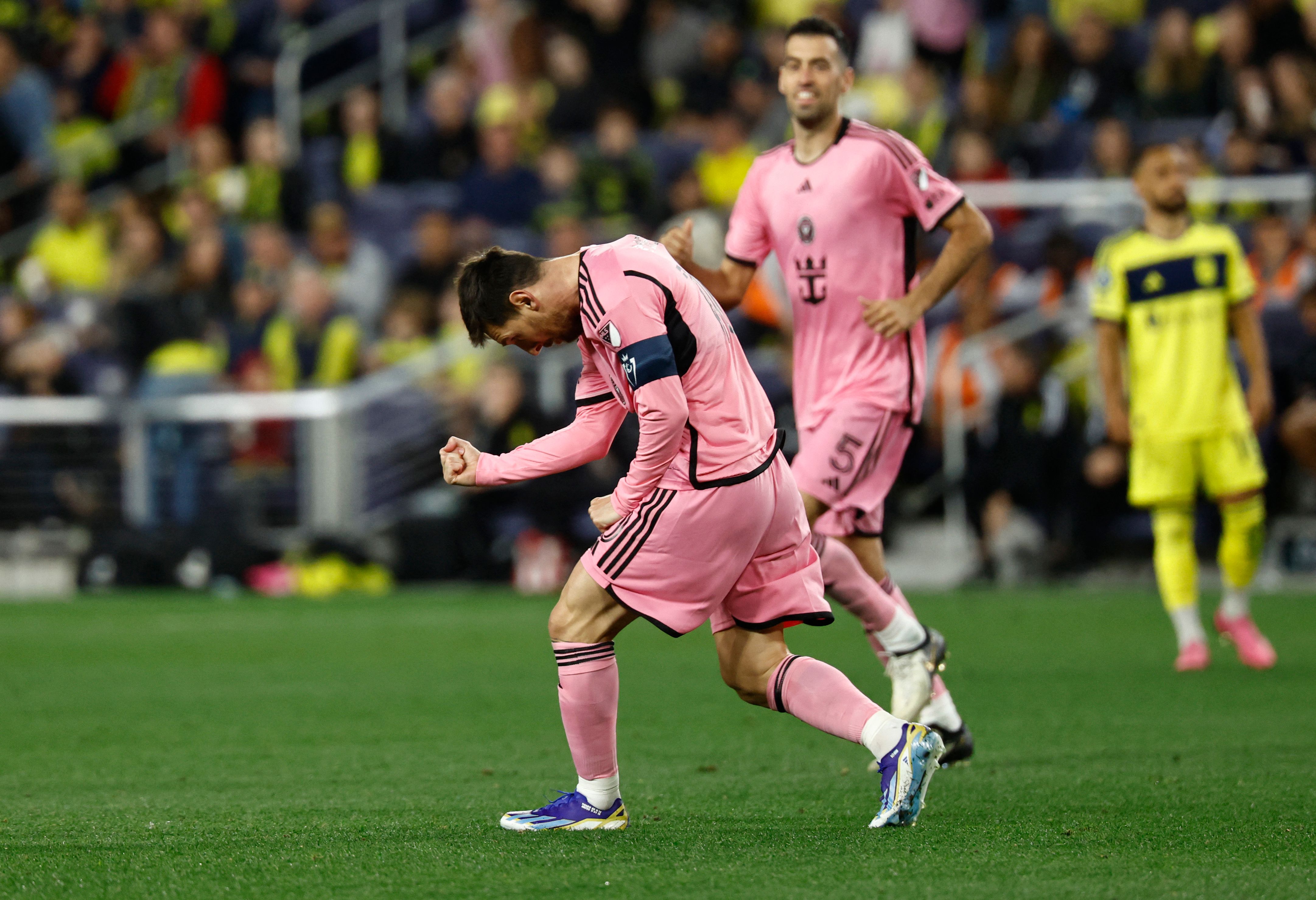 NASHVILLE, TENNESSEE - MARCH 07: Lionel Messi #10 of Inter Miami CF celebrates after a goal against Nashville SC during the second half during the Concacaf Champions Cup Leg One Round of 16 match at GEODIS Park on March 07, 2024 in Nashville, Tennessee.   Johnnie Izquierdo/Getty Images/AFP (Photo by Johnnie Izquierdo / GETTY IMAGES NORTH AMERICA / Getty Images via AFP)