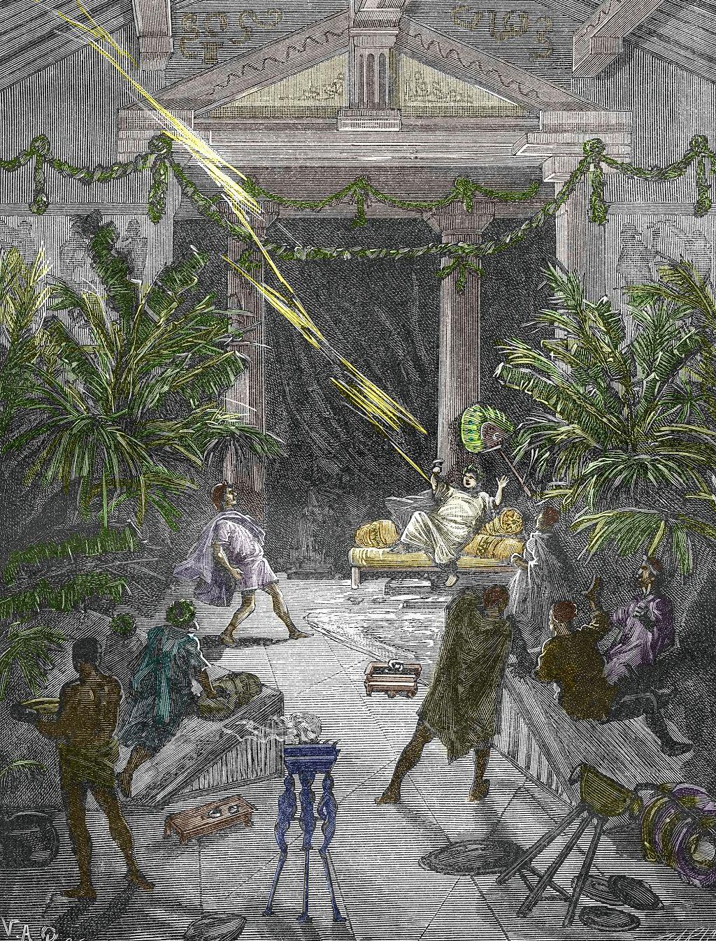 Escena con Apolonio y otros en un recinto y un rayo