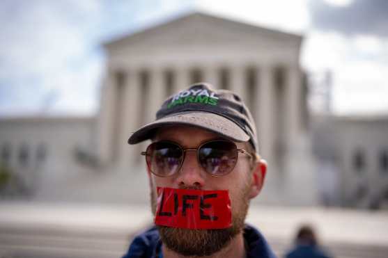 WASHINGTON, DC - APRIL 24: Matt Joseph, a pro-life supporter, stands outside the Supreme Court on April 24, 2024 in Washington, DC. The Supreme Court hears oral arguments today on Moyle v. United States and Idaho v. United States to decide if Idaho emergency rooms can provide abortions to pregnant women during an emergency using a federal law known as the Emergency Medical Treatment and Labor Act to supersede a state law that criminalizes most abortions in Idaho.   Andrew Harnik/Getty Images/AFP (Photo by Andrew Harnik / GETTY IMAGES NORTH AMERICA / Getty Images via AFP)