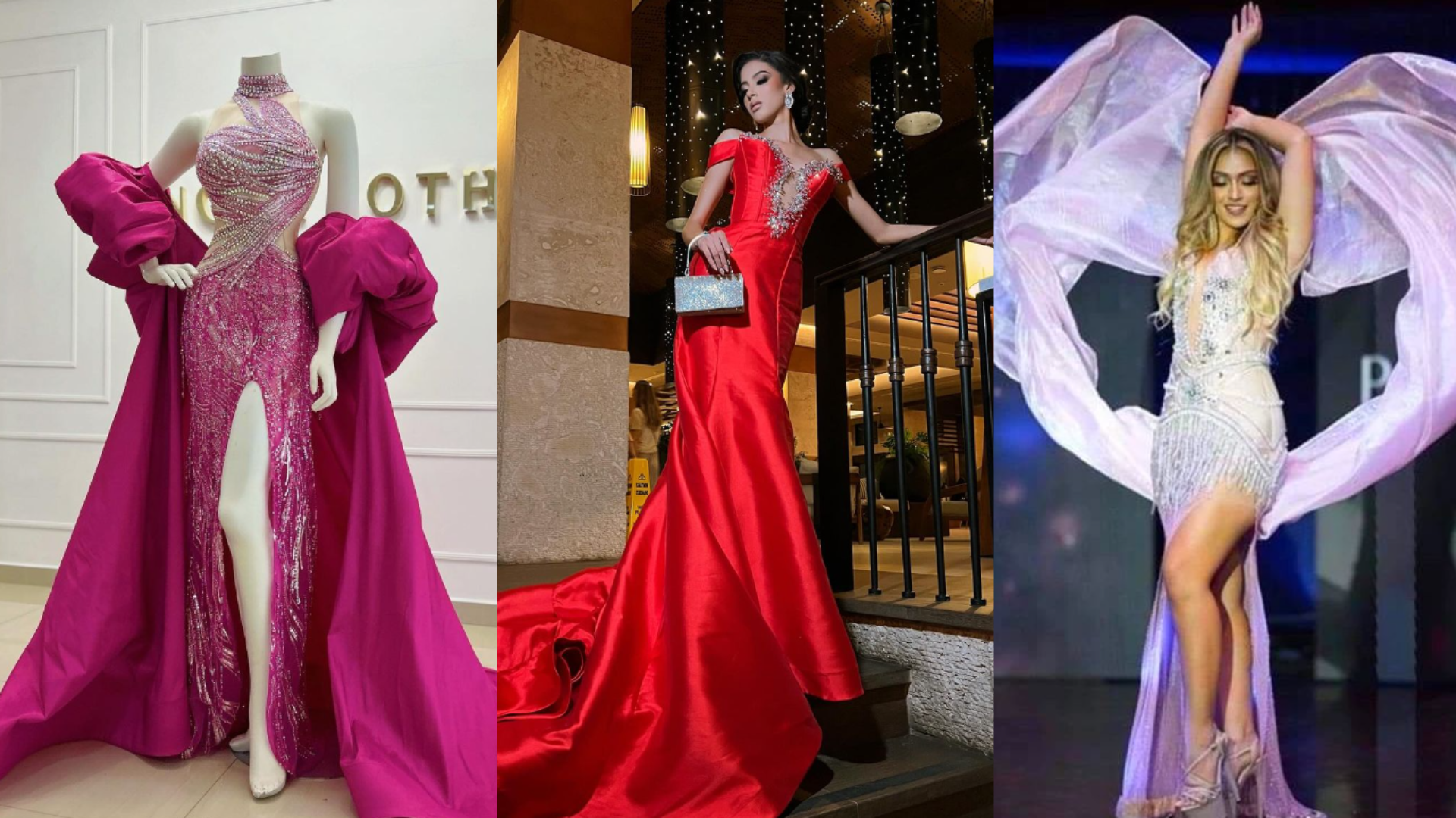 Imagen con fines ilustrativos tomada de las redes sociales de los diseñadores Noe Soto, Jesús Alvarenga y Leo Escobar. (Foto Prensa Libre: Instagram @nohesothooficial / @alvarengajesus / @shinning_dresses_byleoescobar) 