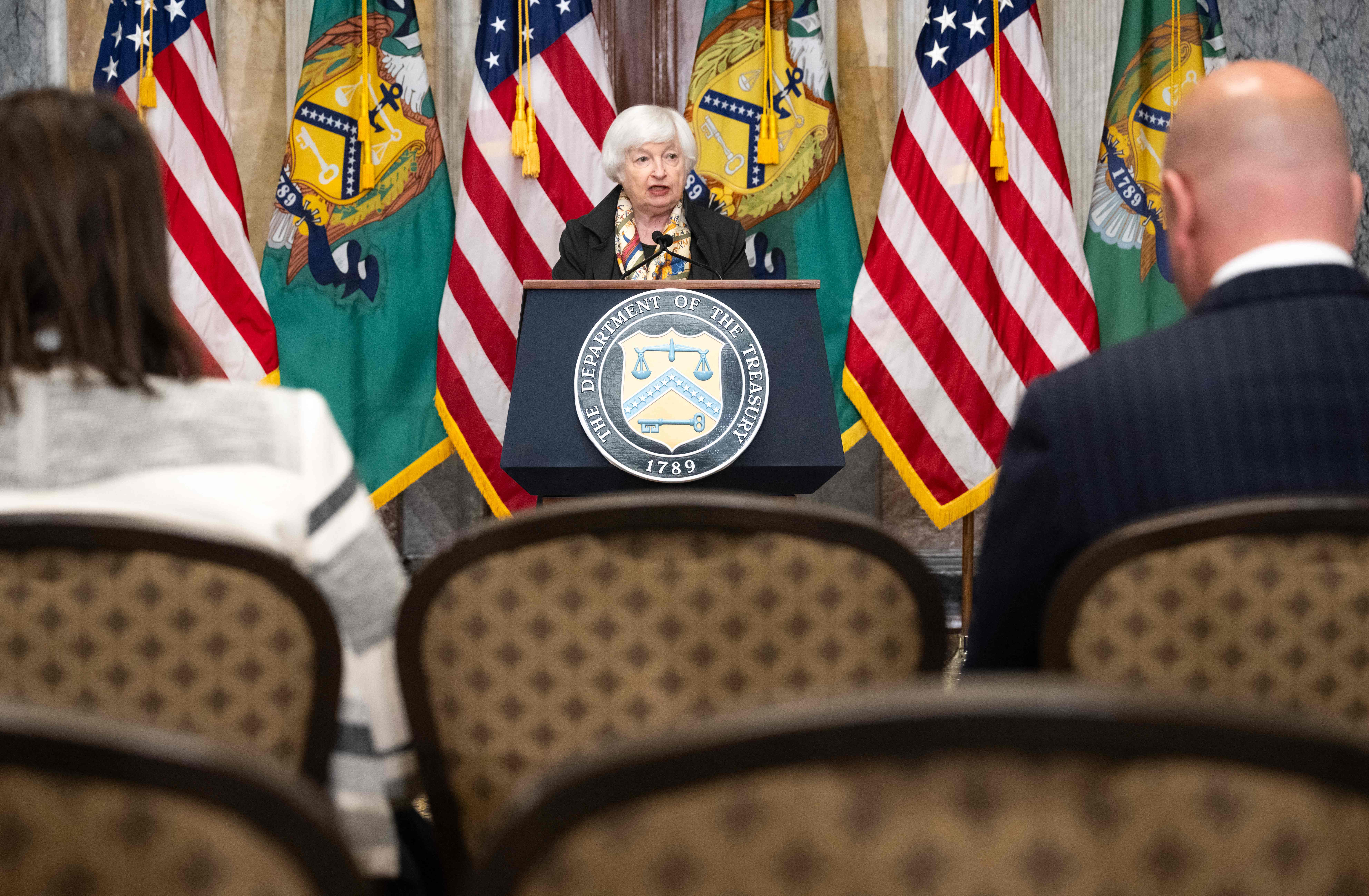US Treasury Secretary Janet Yellen speaks during a press conference amid the IMF-World Bank Group spring meetings, at the Treasury Department in Washington, DC on April 16, 2024. (Photo by SAUL LOEB / AFP)