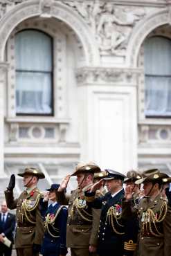 Members of the Australian military attend a service to commemorate ANZAC day in central London on April 25, 2024. Anzac Day marks the anniversary of the first major military action fought by Australian and New Zealand forces during the First World War. The Australian and New Zealand Army Corps (ANZAC) landed at Gallipoli in Turkey during World War I. (Photo by BENJAMIN CREMEL / AFP)