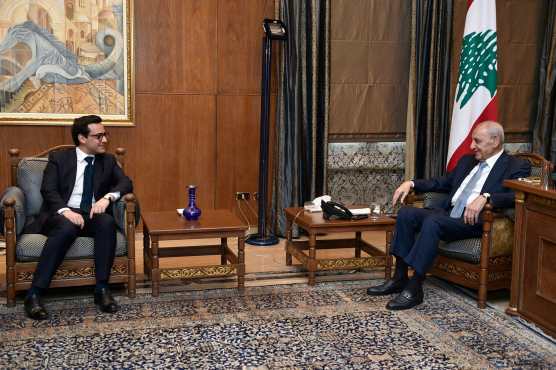 Lebanons Parliament Speaker Nabih Berri (R) meets with France's Minister for Foreign and European Affairs Stephane Sejourne in Beirut on April 28, 2024. (Photo by AFP)