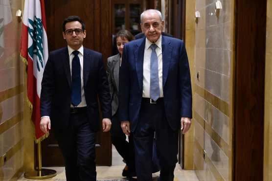 Lebanons Parliament Speaker Nabih Berri (R) walks with France's Minister for Foreign and European Affairs Stephane Sejourne ahead of their meeting in Beirut on April 28, 2024. (Photo by AFP)