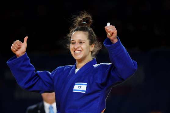 Israel's Inbar Lanir reacts after winning against Portugal's Patricia Sampaio (unseen) during the bronze women -78 kg individual bout of the Judo European Championships Seniors at the Arena Zagreb, in Zagreb, on April 27, 2024. (Photo by Damir SENCAR / AFP)