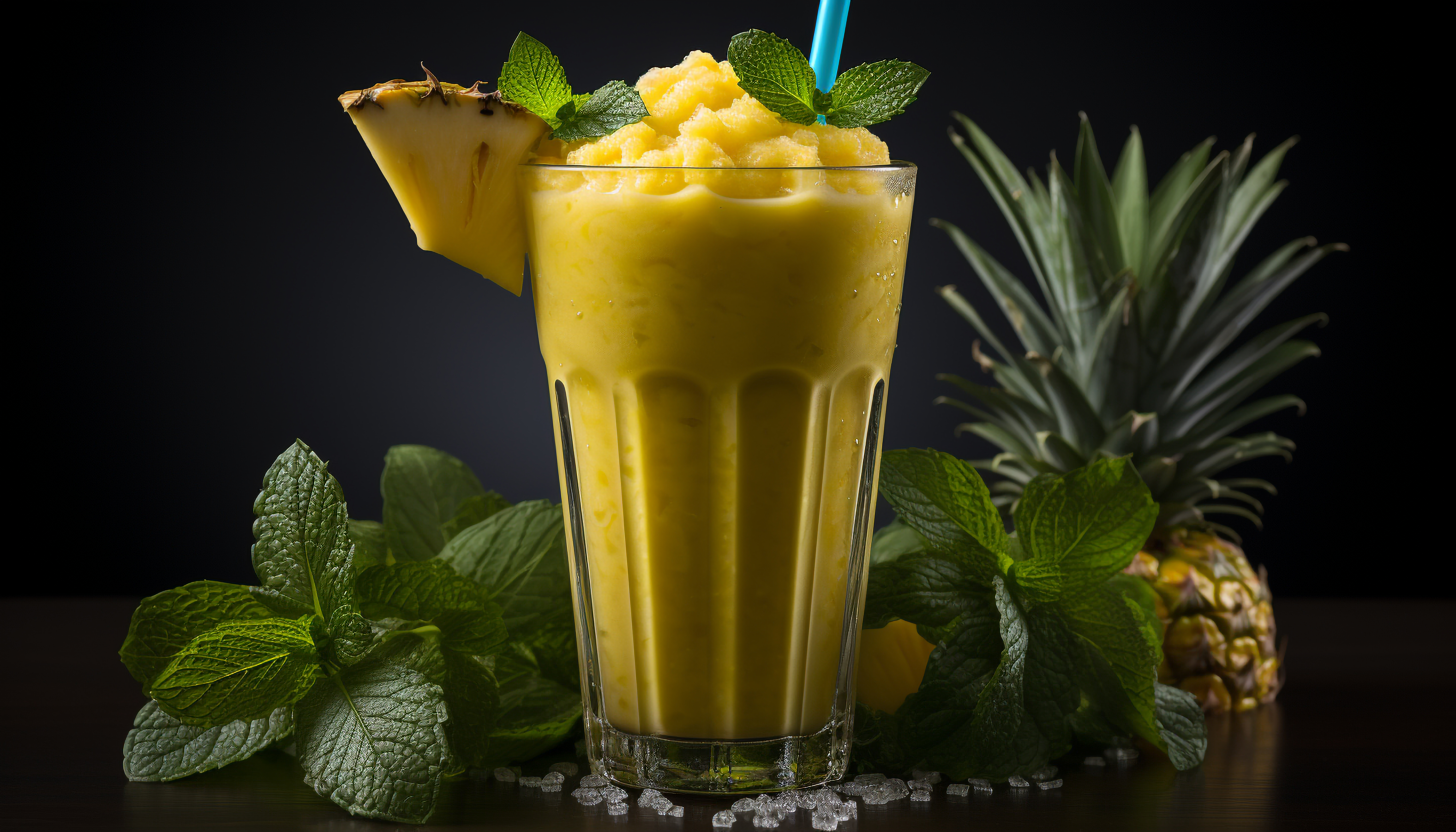 Fresh pineapple cocktail with mint leaf on wooden table generated by artificial intelligence