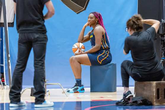 INDIANAPOLIS, INDIANA - MAY 1: Aliyah Boston #7 of the Indiana Fever poses for photographers during media day activities at Gainbridge Fieldhouse on May 1, 2024 in Indianapolis, Indiana. NOTE TO USER: User expressly acknowledges and agrees that, by downloading and or using this photograph, User is consenting to the terms and conditions of the Getty Images License Agreement.   Michael Hickey/Getty Images/AFP (Photo by Michael Hickey / GETTY IMAGES NORTH AMERICA / Getty Images via AFP)