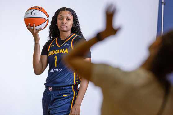INDIANAPOLIS, INDIANA - MAY 1: NaLyssa Smith #1 of the Indiana Fever poses for photographers during media day activities at Gainbridge Fieldhouse on May 1, 2024 in Indianapolis, Indiana. NOTE TO USER: User expressly acknowledges and agrees that, by downloading and or using this photograph, User is consenting to the terms and conditions of the Getty Images License Agreement.   Michael Hickey/Getty Images/AFP (Photo by Michael Hickey / GETTY IMAGES NORTH AMERICA / Getty Images via AFP)