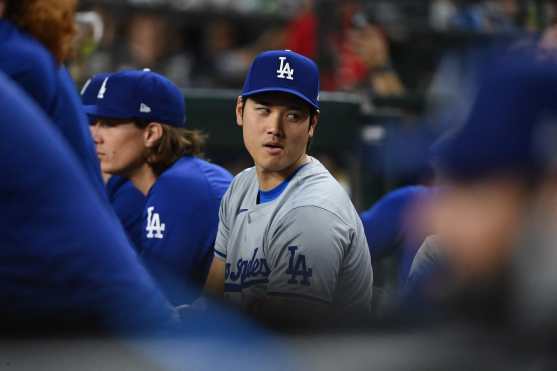 PHOENIX, ARIZONA - MAY 01: Shohei Ohtani #17 of the Los Angeles Dodgers looks on from the dugout during the third inning against the Arizona Diamondbacks at Chase Field on May 01, 2024 in Phoenix, Arizona. Dodgers won 8-0.   Norm Hall/Getty Images/AFP (Photo by Norm Hall / GETTY IMAGES NORTH AMERICA / Getty Images via AFP)