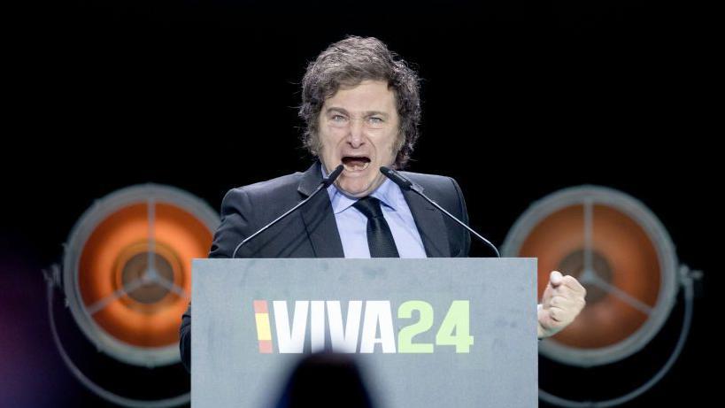 El presidente de Argentina, Javier Milei, en una convención de la ultraderecha en Madrid, España. 


Getty Images