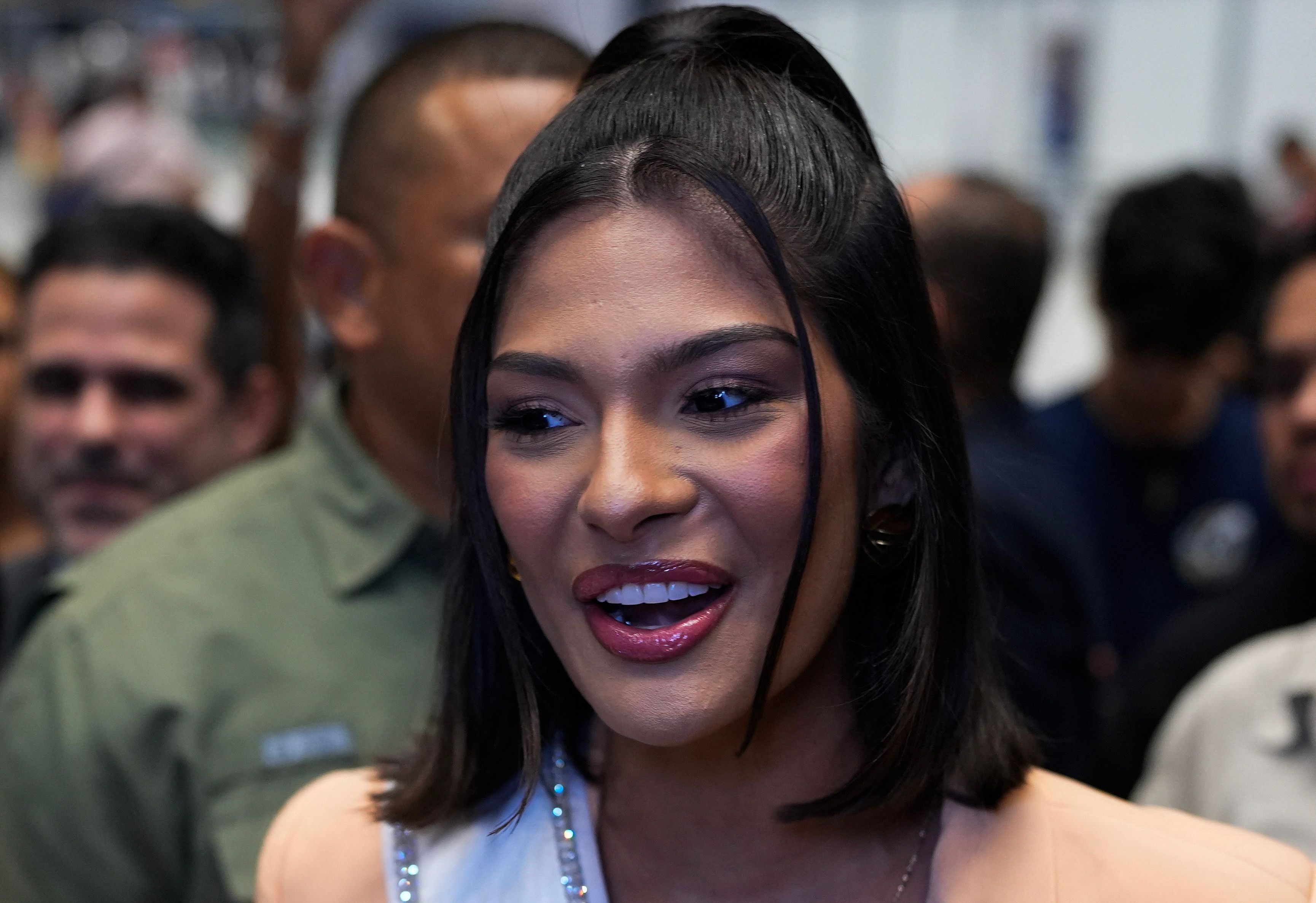 Miss Universe 2023 Nicaraguan Sheynnis Palacios talks to the media after arriving at Tocumen International Airport in Panama City on July 29, 2024. Palacios will be the guest of honor at the Miss Panama 2024 pageant on August 3. (Photo by ARNULFO FRANCO / AFP)