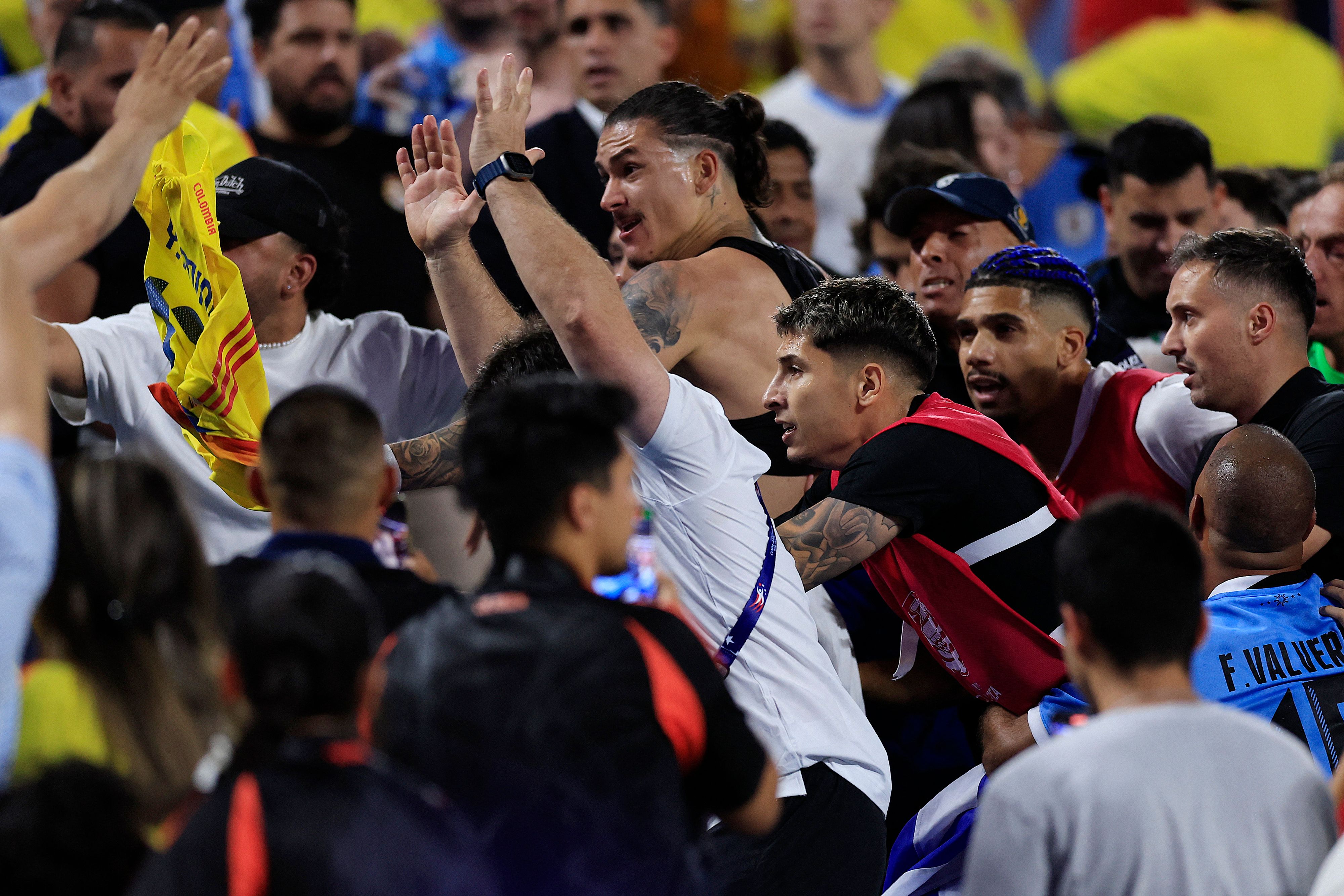Darwin Núñez y otros jugadores de la selección de Uruguay se van a los golpes con aficionados colombianos